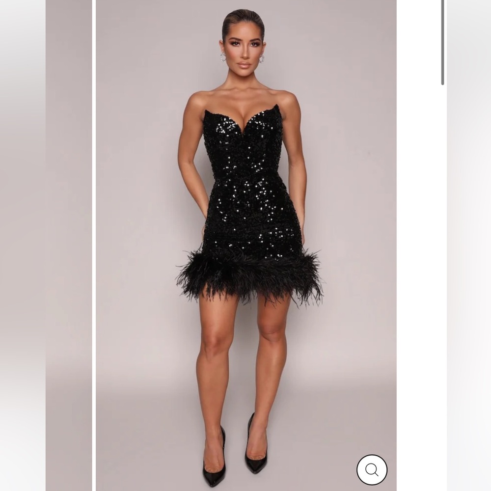 Strapless Black Sequin Feather Hem Dress